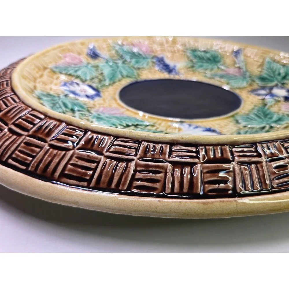 Antique Oval Majolica Basket Weave Footed Platter Floral Bread Bowl Cobalt 12¾